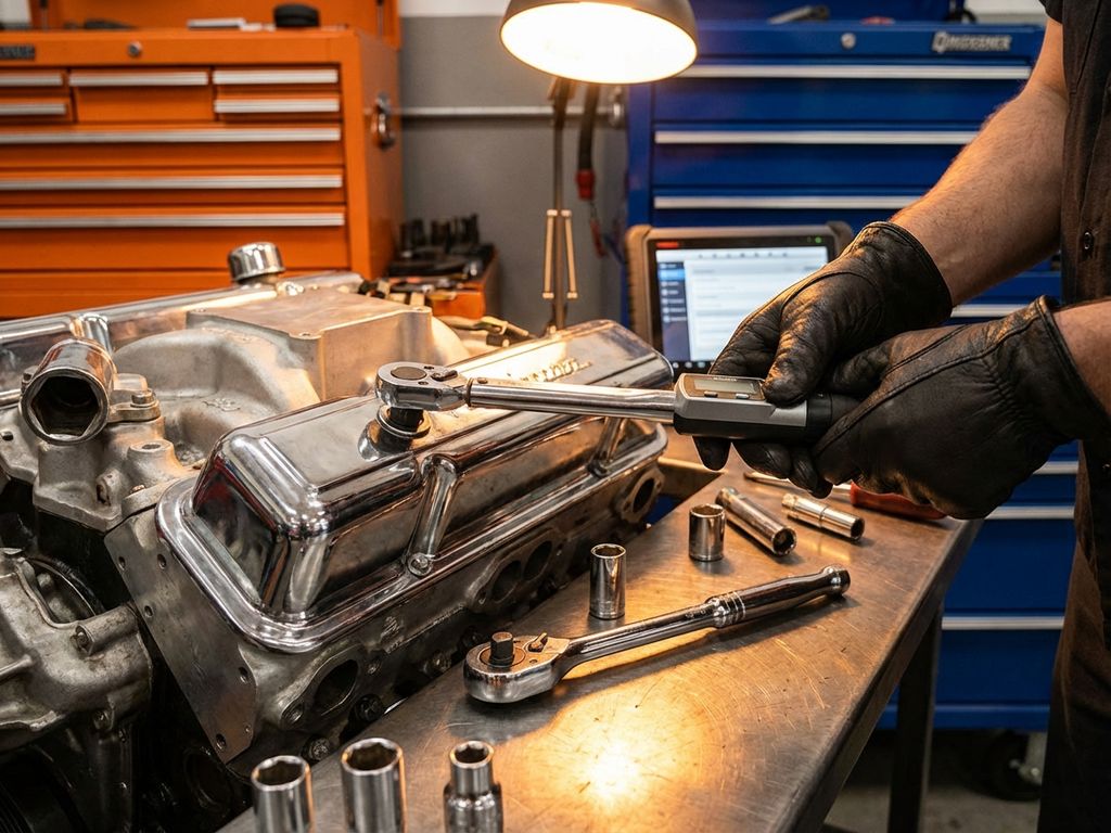 Mecanic profesionist lucrând la motor de mașină cu unelte de precizie în atelier auto cu iluminare caldă