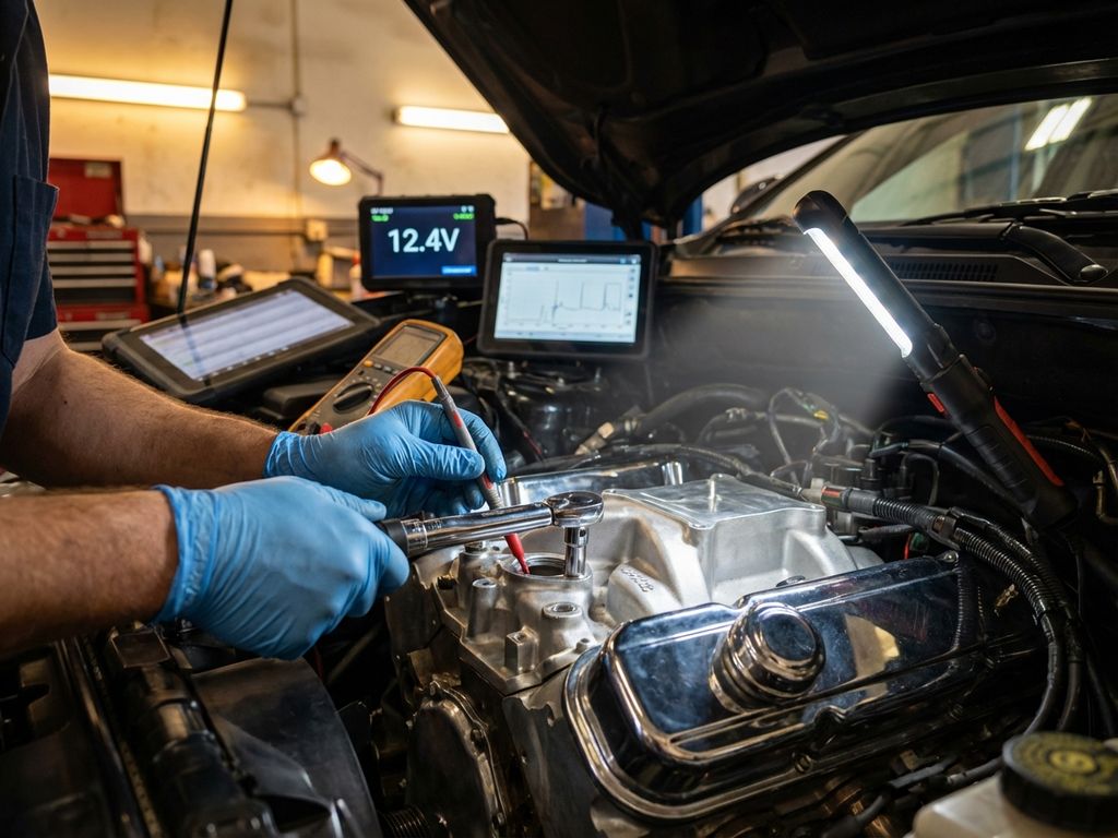 Mâini de mecanic cu mănuși albastre reparând motor de mașină cu unelte de precizie și echipament de diagnoză auto