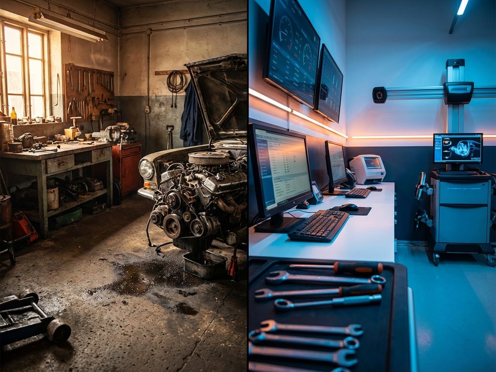 Comparație între garajul tradițional cu unelte vintage și atelul modern cu echipamente digitale de diagnosticare auto