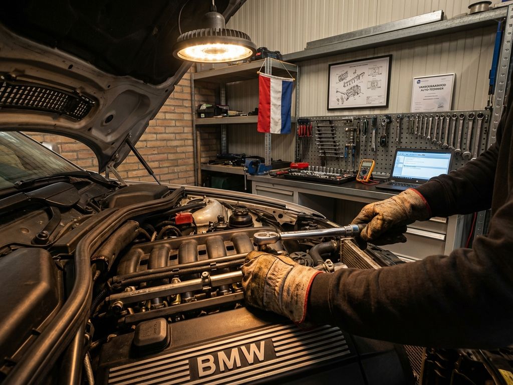 Mecanic auto în mănuși lucrând la motor în atelier profesional olandez cu scule și documentații tehnice