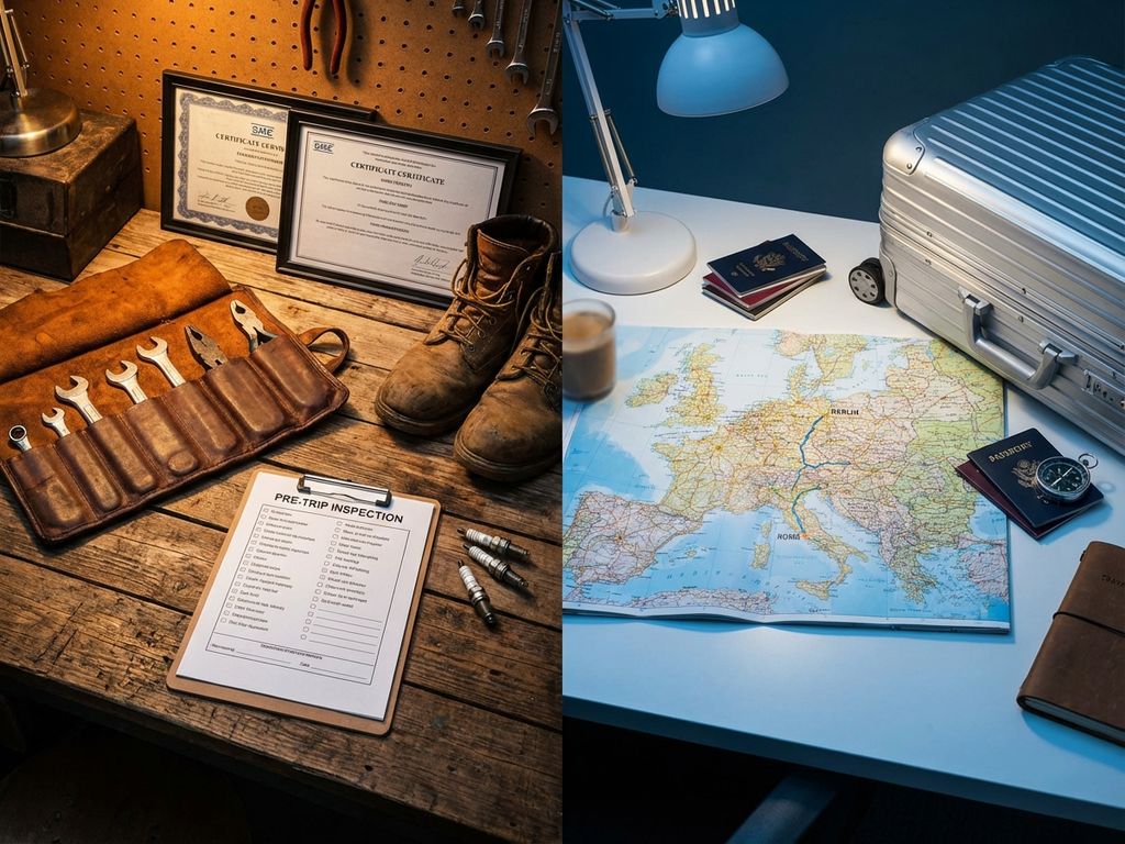 Unelte de mecanic auto și hartă europeană cu rută marcată, pregătire pentru călătorie de lucru internațională