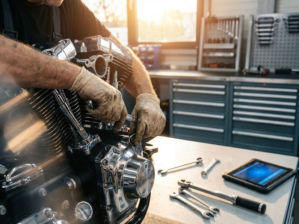 Mâini de mecanic auto lucrând la motor cu unelte de precizie într-un atelier modern profesional cu iluminare caldă