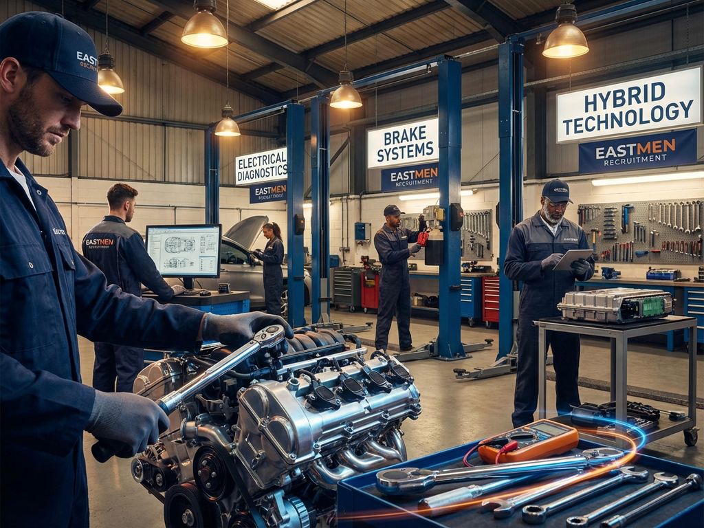 Mecanici auto europeni lucrând la motoare și sisteme de frânare în atelier profesional cu iluminare industrială