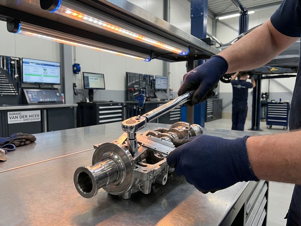 Mâini cu mănuși de lucru efectuând reparații auto de precizie cu unelte profesionale în garaj modern olandez