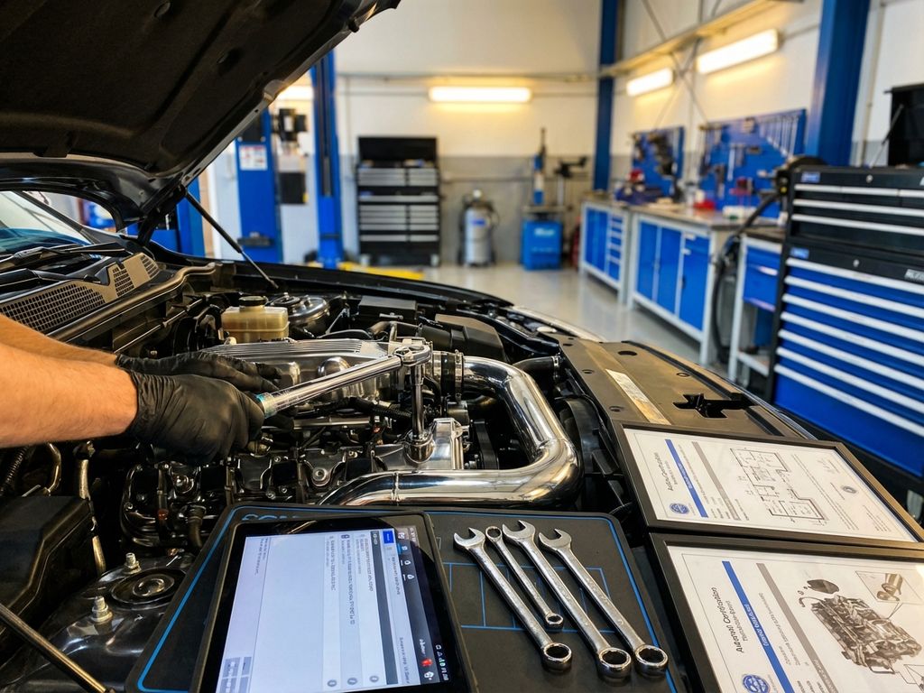 Mecanic profesionist ajustează motorul auto cu unelte de precizie în garaj modern cu echipamente de diagnostic