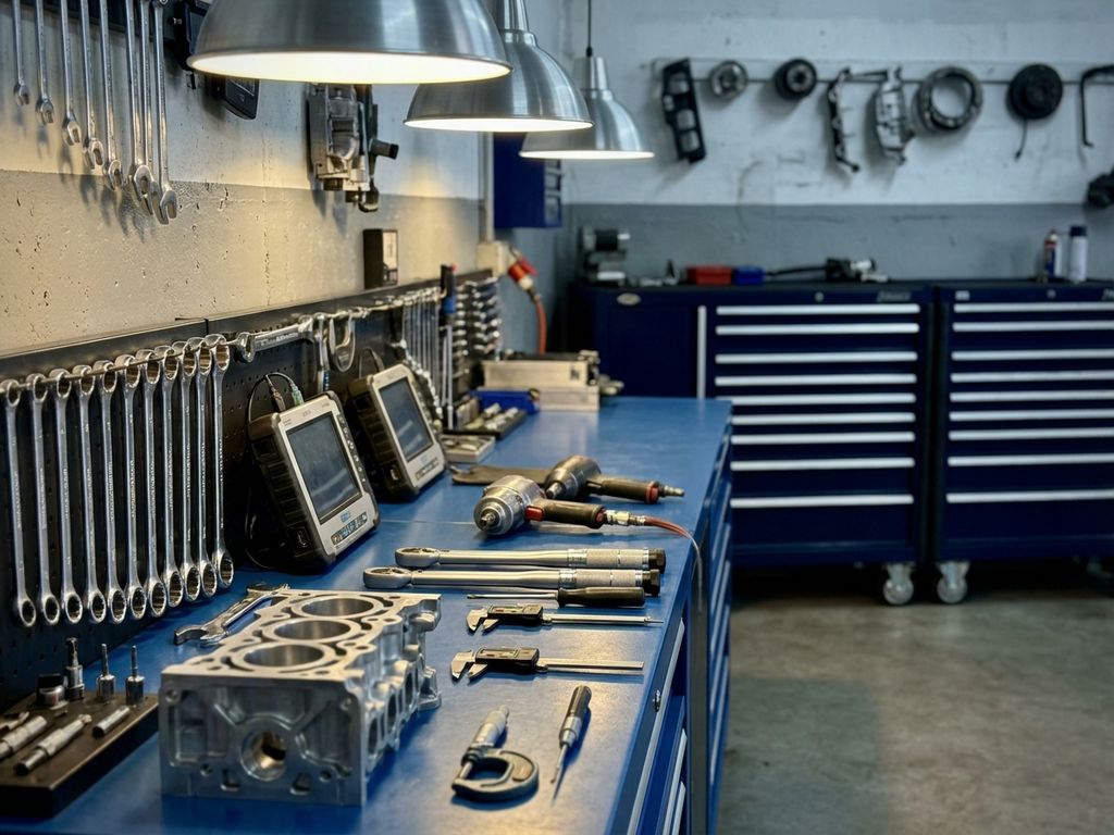 Scule auto profesionale pe bancă de lucru cu cheie, echipamente de diagnostic și componente motor în atelier